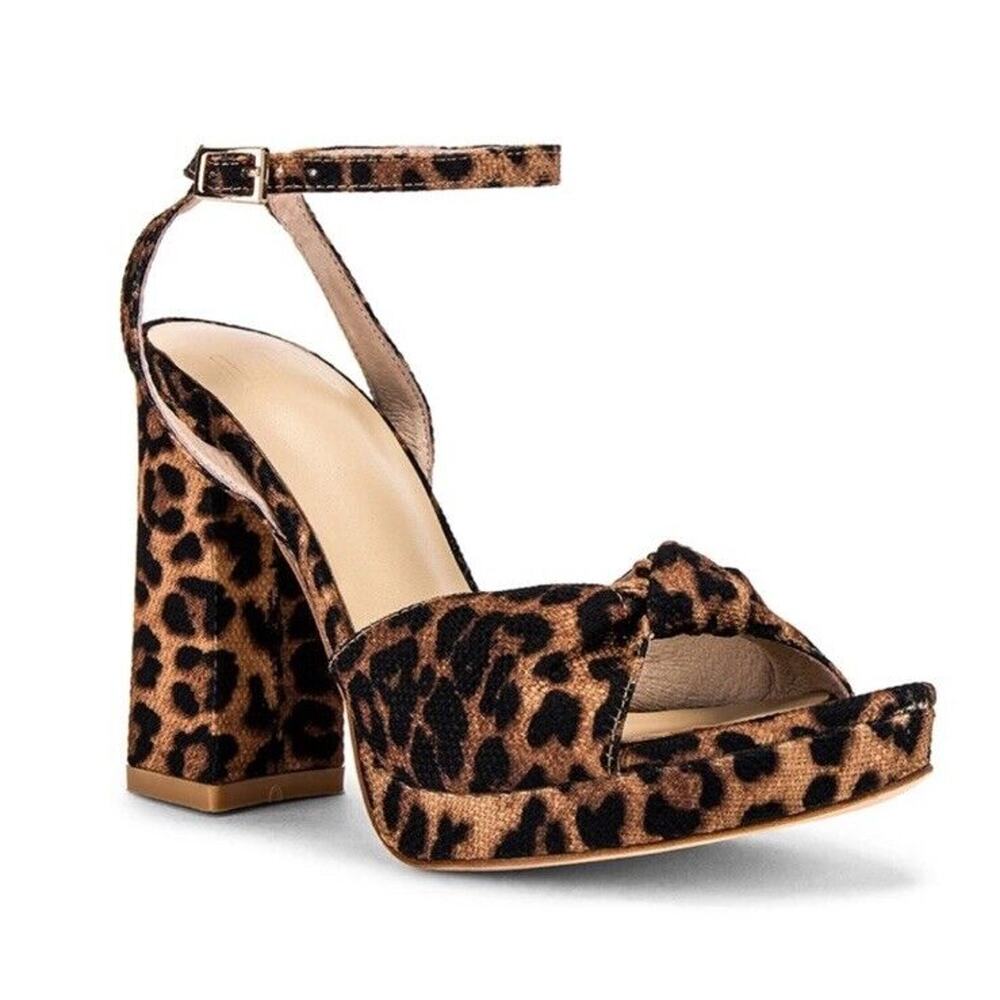 Revolve LPA Addalyn Strappy Block Leopard Animal Print Heel Sandals Retro Pin Up
